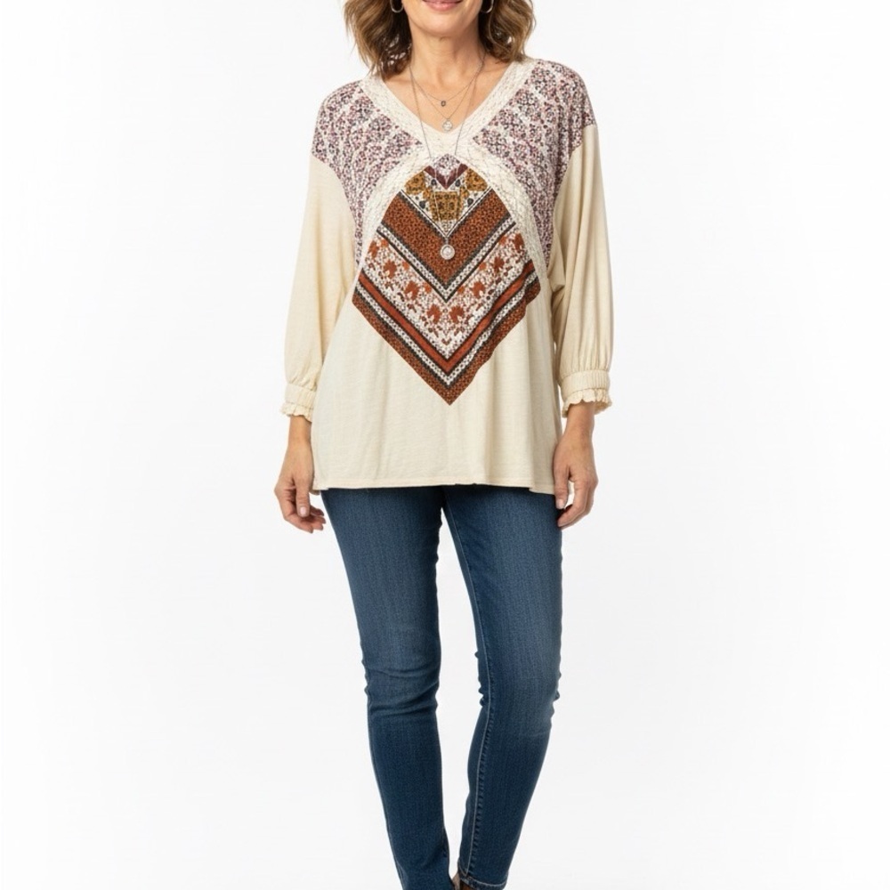 Umgee Bohemian Cream and Brown lace neck V-neck Women's Top size L